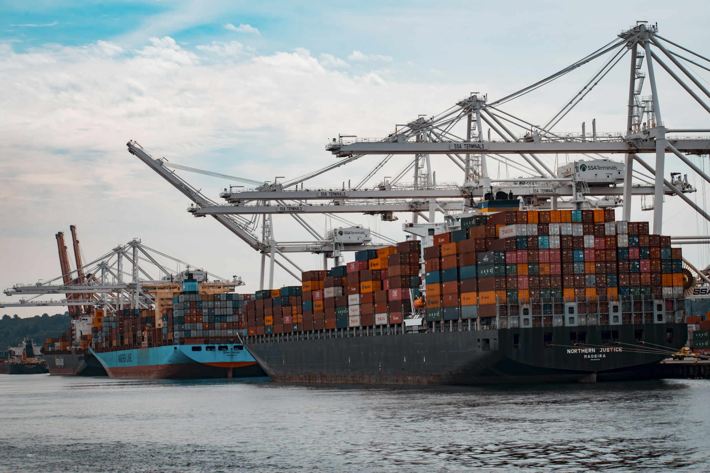 Container ships docked beneath cargo cranes at a maritime terminal